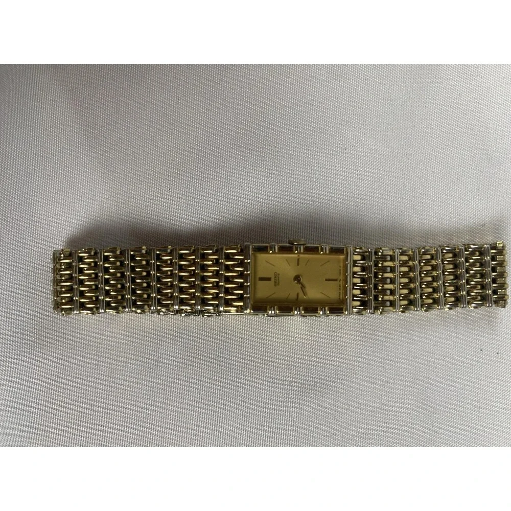 Vintage Seiko 2E20-1340 Womens Tank Watch Bamboo Link Gold Tone Untested Quartz